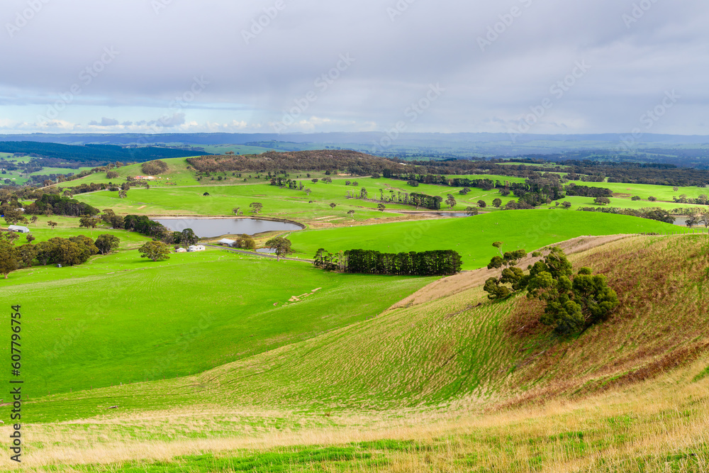 Adelaide Hills green farmlands during winter season from above, South Australia