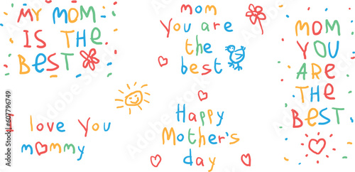 Set of greeting cards. Congratulatory social media vector banner. Happy mother's day. Postcard for best mom. Concept of celebrating spring women, family holiday. Parenting. Heart. Love. Colorful. Font
