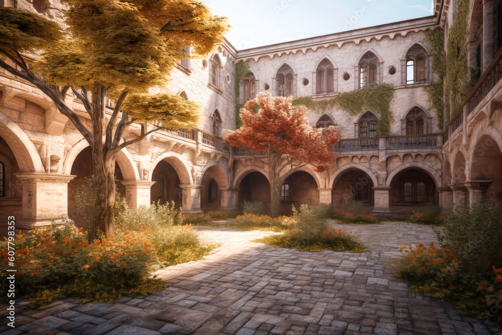 Paved courtyard of a medieval castle. Cinematic light, volumetric light ...