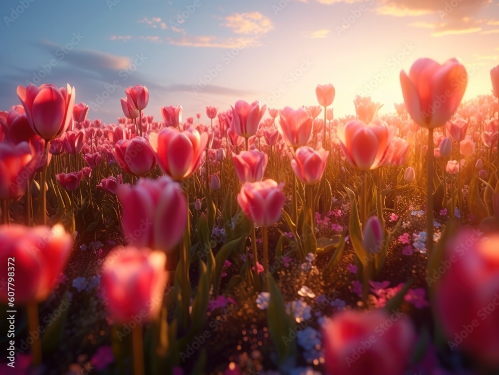 beautiful pink tulips in a huge tulip field during sunrise or sunset, generative ai