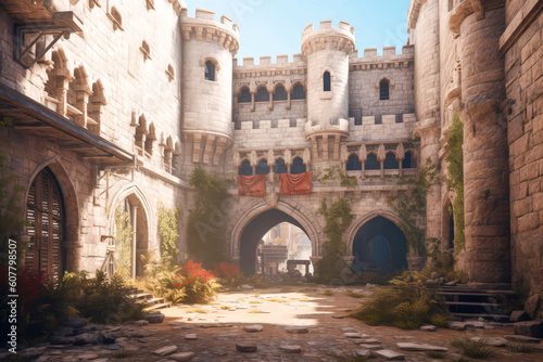 Paved courtyard of a medieval castle. Cinematic light, volumetric light, no people with empty space for characters. Realistic environment made with Generative AI