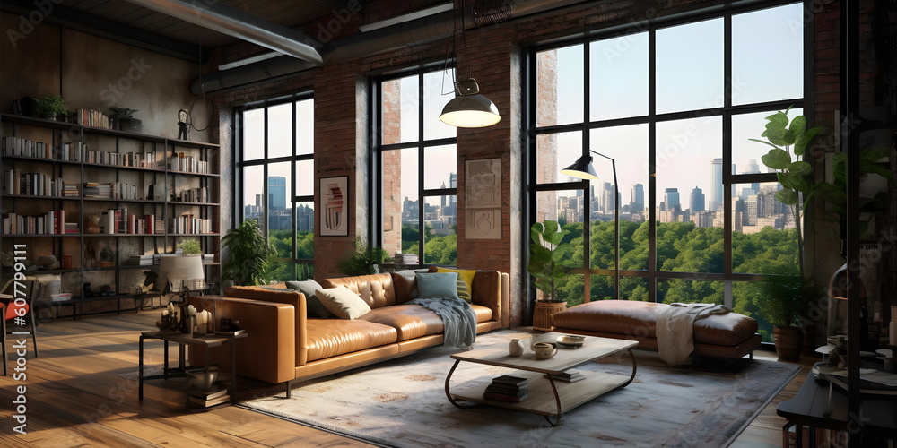 Urban Oasis: 8K Render of a Spacious Industrial-Style Loft with Exposed Brick Walls Urban Oasis: 8K Render of a Spacious Industrial-Style Loft with Exposed Brick Walls