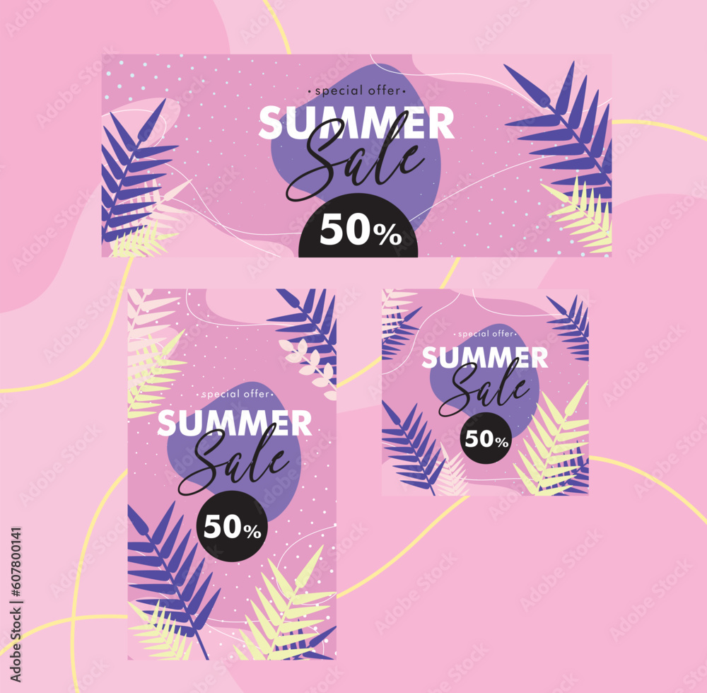 Fototapeta premium Collection of violet refreshing summer sale template. Colorful summer background design banners. Horizontal poster, website header, story, post. Vector illustration
