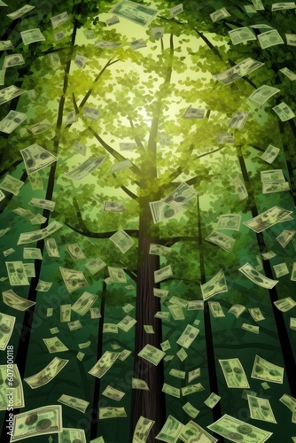 Money tree of good luck and Feng Shui made of banknotes in green forest. Capital growth, investment, saving money, economy, finance and business concept.