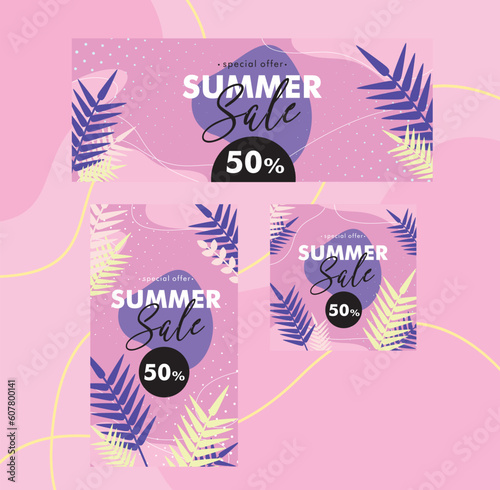 Collection of violet refreshing summer sale template. Colorful summer background design banners. Horizontal poster, website header, story, post. Vector illustration