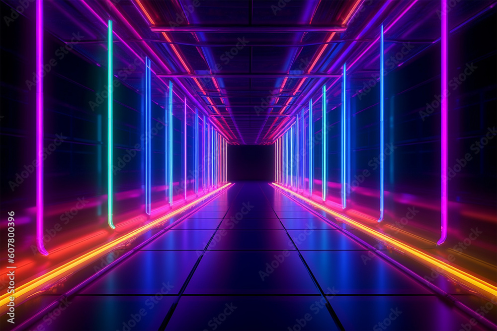 The corridor is lit up by colorful neon lights