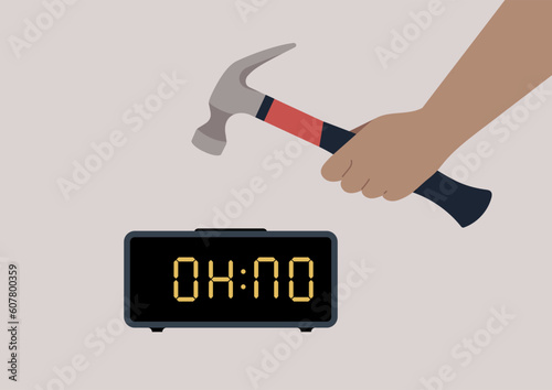 A hammer-wielding hand smashes an alarm clock with letters reading OH NO instead of regular digits, home gadgets