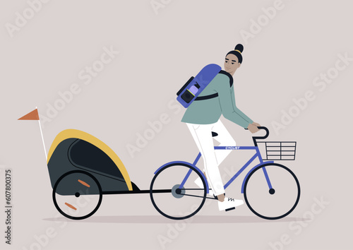 A young Asian parent riding a bike with a  kid trailer