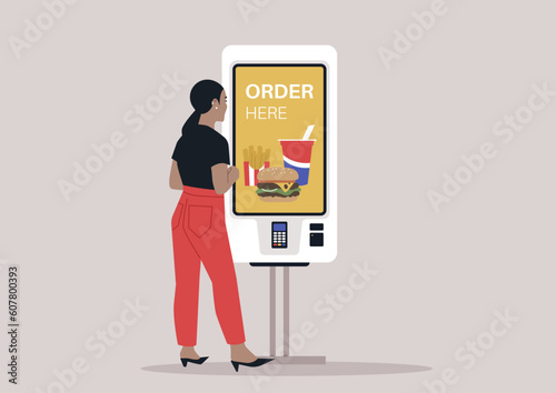 A self-service fast food order touchscreen, a digital menu isolated on a plain background