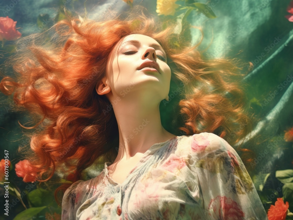 portrait of red haired woman in garden eden surrounded by flowers, generative ai