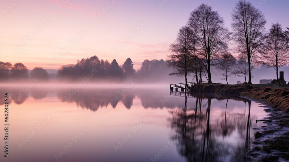 Serene landscape bathed in the soft light of dawn