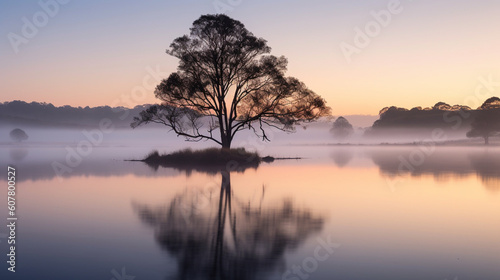 Serene landscape bathed in the soft light of dawn