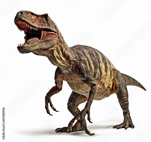 Portrait of a walking tyrannosaurus rex with open mouth isolated on white background Generative AI