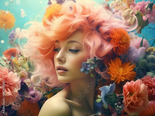 portrait of red haired woman in garden eden surrounded by flowers, generative ai