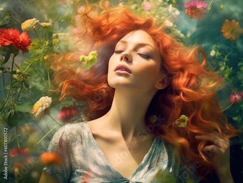 portrait of red haired woman in garden eden surrounded by flowers, generative ai © Felix