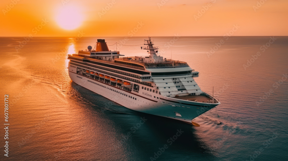 Aerial View of a Cruise Ship at Sea during Sunset, Generative AI Aerial View of a Cruise Ship at Sea during Sunset, Generative AI