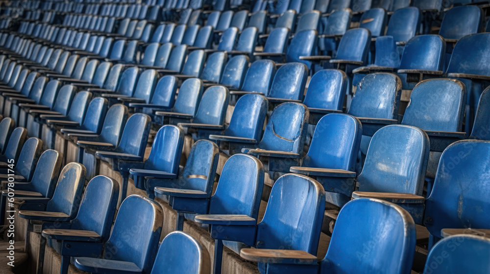 Empty and Old Blue Colored Seating Stands in a Stadium, Generative AI Empty and Old Blue Colored Seating Stands in a Stadium, Generative AI