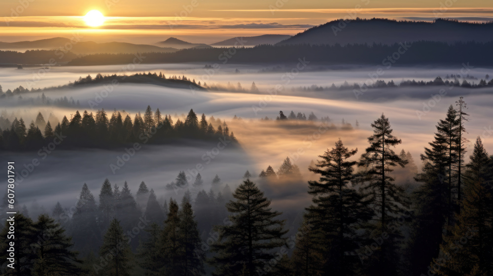 Fototapeta premium Aerial View of a Forest with Morning Mist at Dawn, Generative AI