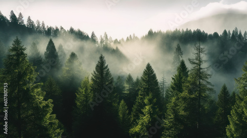 Treetops of Green Pine Forest with Morning Mist at Dawn, Generative AI © ArgitopIA