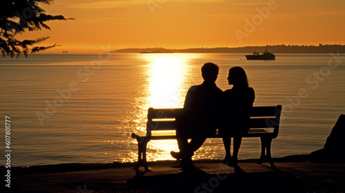 Silhouette of a Couple Sitting on a Bench, Enjoying the Sunset, Generative AI