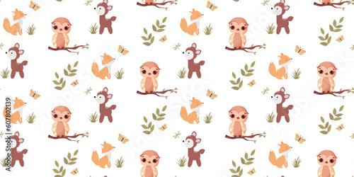 Fototapeta Naklejka Na Ścianę i Meble -  Childish seamless pattern forest animals. Fox cub, owl, and deer. The pattern is perfect for decorating a children's room and printing on fabric and paper.