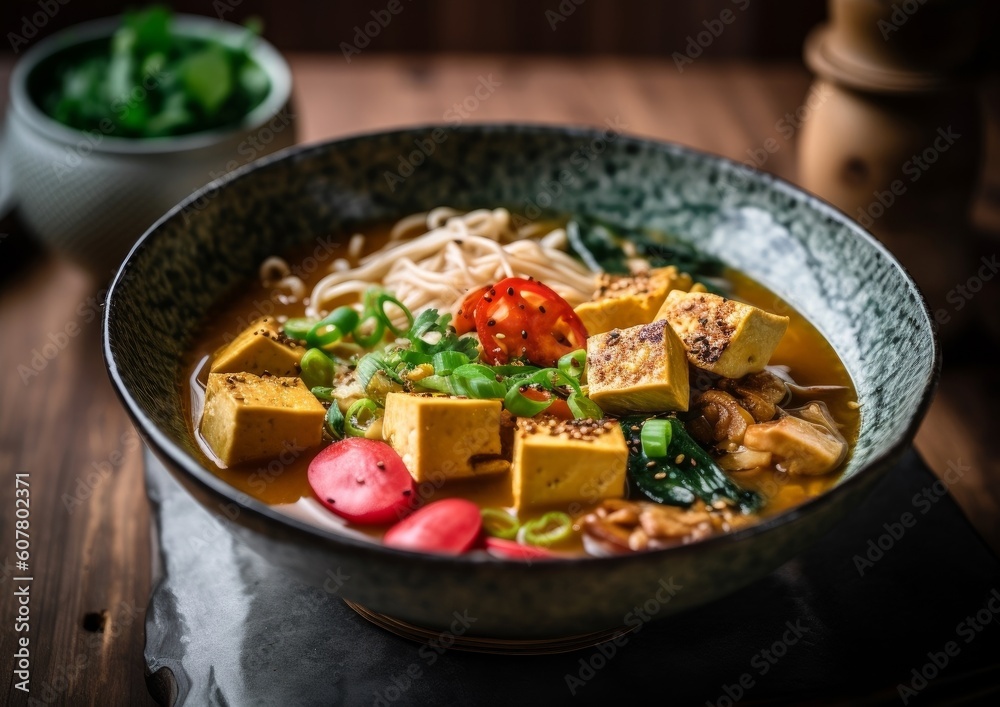 bowl of vegan Tamari ramen soup with vibrant vegetables and tofu cubes bowl of vegan Tamari ramen soup with vibrant vegetables and tofu cubes