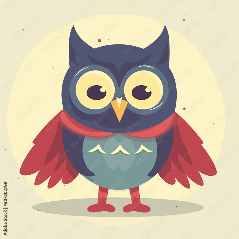 Cute little happy owl super hero, kids illustration, flat vector art