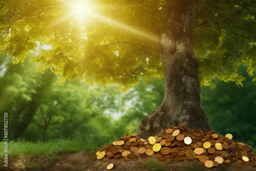 Money tree of good luck and Feng Shui made of golden coins in green forest. Capital growth  investment  saving money  economy  finance and business concept