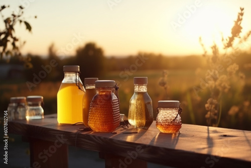 Food concept. Various honey types in various shape bottles. Sunset sun illuminated bee products. Rural blurred background. Generative AI