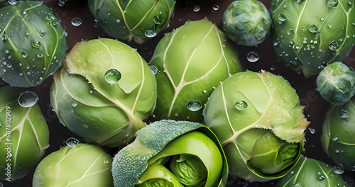 Cabbage texture with water drops. Vegan food background. Top down view. Generative AI photo