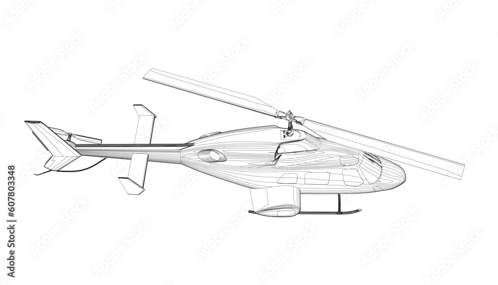 Helicopter detailed outline. Vector isolated on a white background. Adult military helicopter coloring page for book. Copter and Aircraft. Vector illustration. Black contour sketch illustrate.