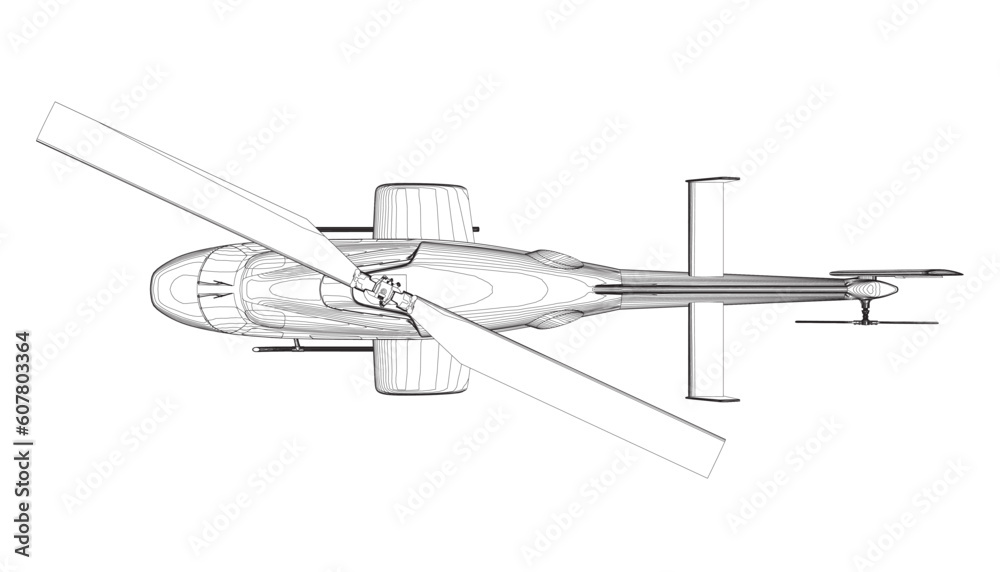 Helicopter detailed outline. Vector isolated on a white background. Adult military helicopter coloring page for book. Copter and Aircraft. Vector illustration. Black contour sketch illustrate.