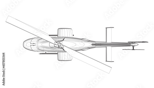 Helicopter detailed outline. Vector isolated on a white background. Adult military helicopter coloring page for book. Copter and Aircraft. Vector illustration. Black contour sketch illustrate.