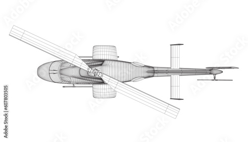 Helicopter detailed wireframe. Vector isolated on a white background. Adult military helicopter coloring page for book. Copter and Aircraft. Vector illustration. Black wireframe illustrate. 3D..