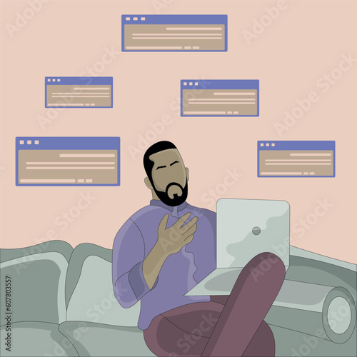 vector a man surf internet using laptop sitting on sofa flat design