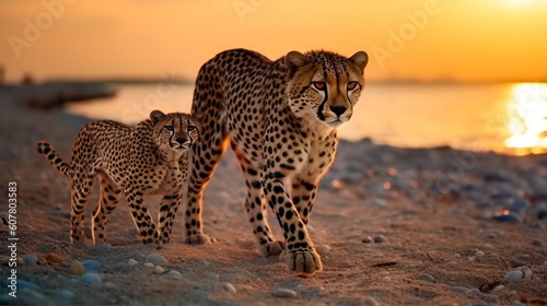 gepard on sunset in savanna and beach   wild animals nature landscape generated ai