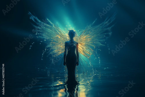 Sci-fi, fantasy concept. Fairy with wings walking on water. Abstract minimalistic, magical and mysterious atmosphere. Dark and spooky nature background. Generative AI
