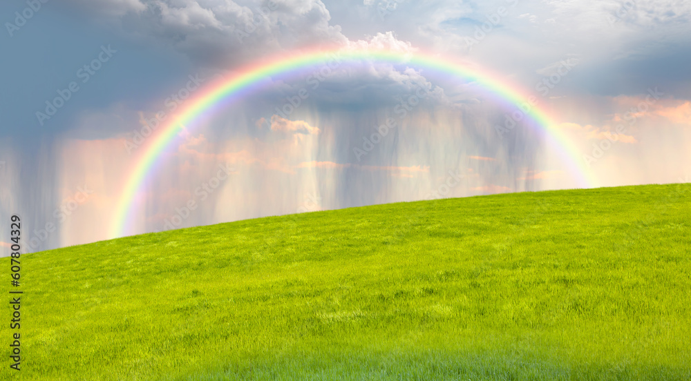 Beautiful landscape view of green grass field with rainbow - Aerial view of rain above countryside rural field or meadow landscape Beautiful landscape view of green grass field with rainbow - Aerial view of rain above countryside rural field or meadow landscape