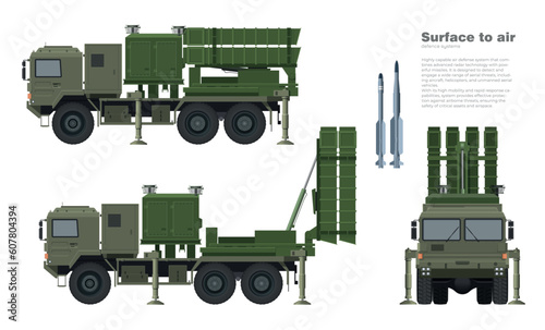 Air defense missile system. Surface to air rocket launcher. Anti aircraft military vehicle. Front and side view of army truck. Industrial blueprint