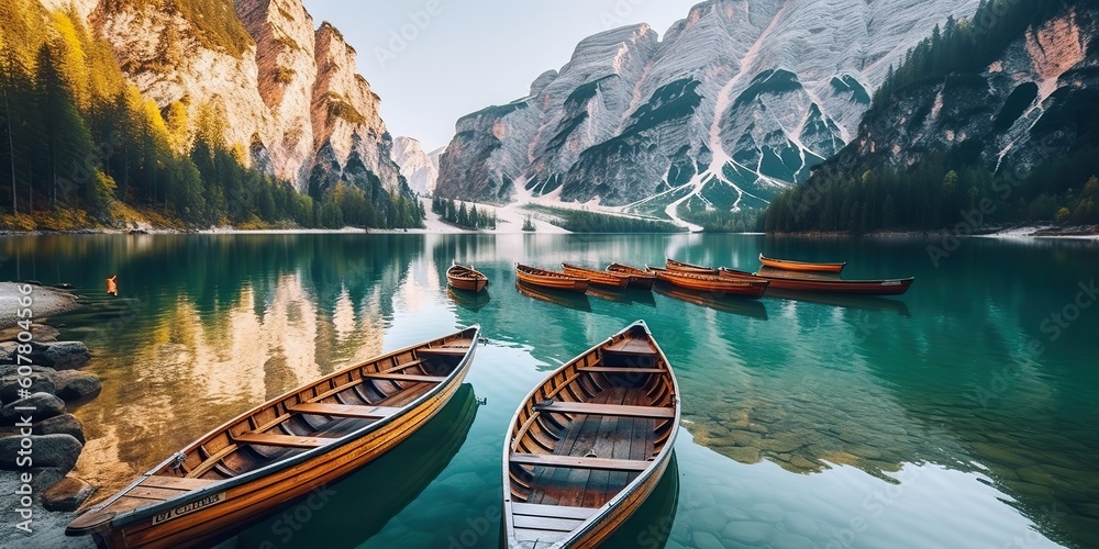 AI Generated. AI Generative. Boats on the Braies Lake in Dolomites mountains illustration. Romantic vacation vibe. Graphic Art