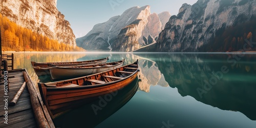 AI Generated. AI Generative. Boats on the Braies Lake in Dolomites mountains illustration. Romantic vacation vibe. Graphic Art