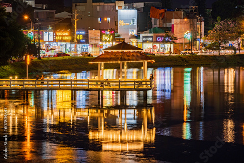 Night view of small Dong Nai lake - a central lake in Bao Loc city.