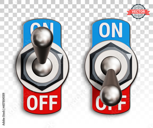 Toggle switches or tumblers switched ON and OFF. Realistic 3D vector illustration isolated on transparent background