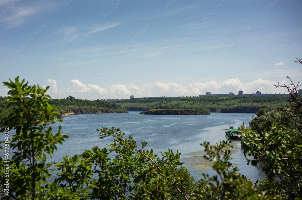Zaporizhzhia, Ukraine, view of the island of Khortytsya and Baida island on the Dnipro river