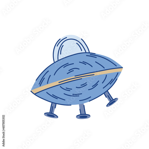 Spaceship illustration in the shape of a disc with legs  alien cartoon interplanetary transport
