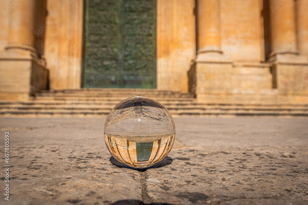 View of the Noto Cathedral inside a Lensball, Syracuse, Sicily, Italy, Europe, World Heritage Site