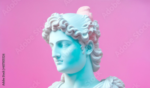 Gypsum statue of Apollo's head in pink and blue pastel background from generative AI