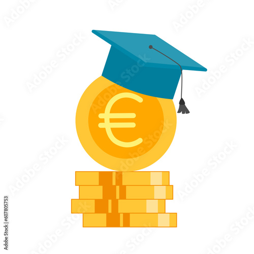 Educational scholarship concept vector illustration on white background. Euro coin and graduation hat in flat design.