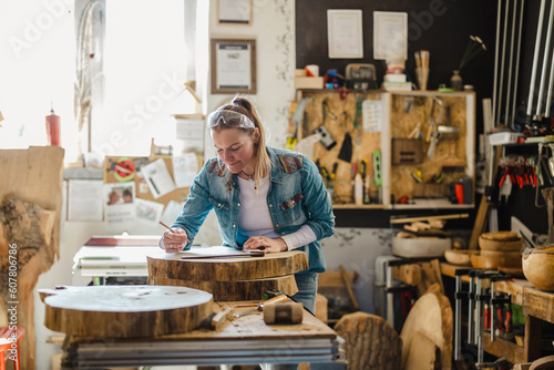 Craftswoman working with wood in carpentry workshop
 photo