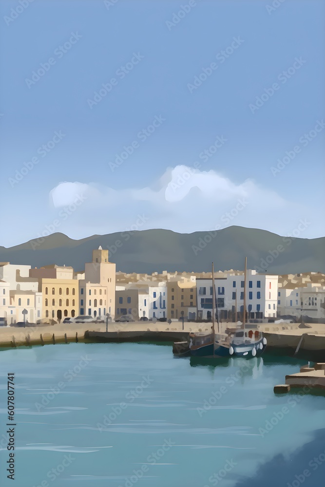 Hafen in einer mediterranen Stadt am Mittelmeer (Generative AI, KI)